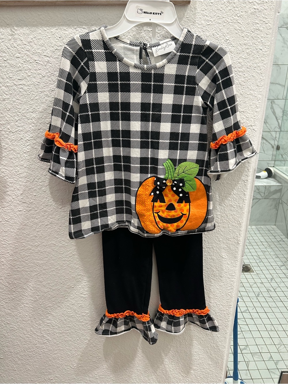 Emily Rose Black & White Plaid Halloween Pumpkin Outfit with Orange Accents